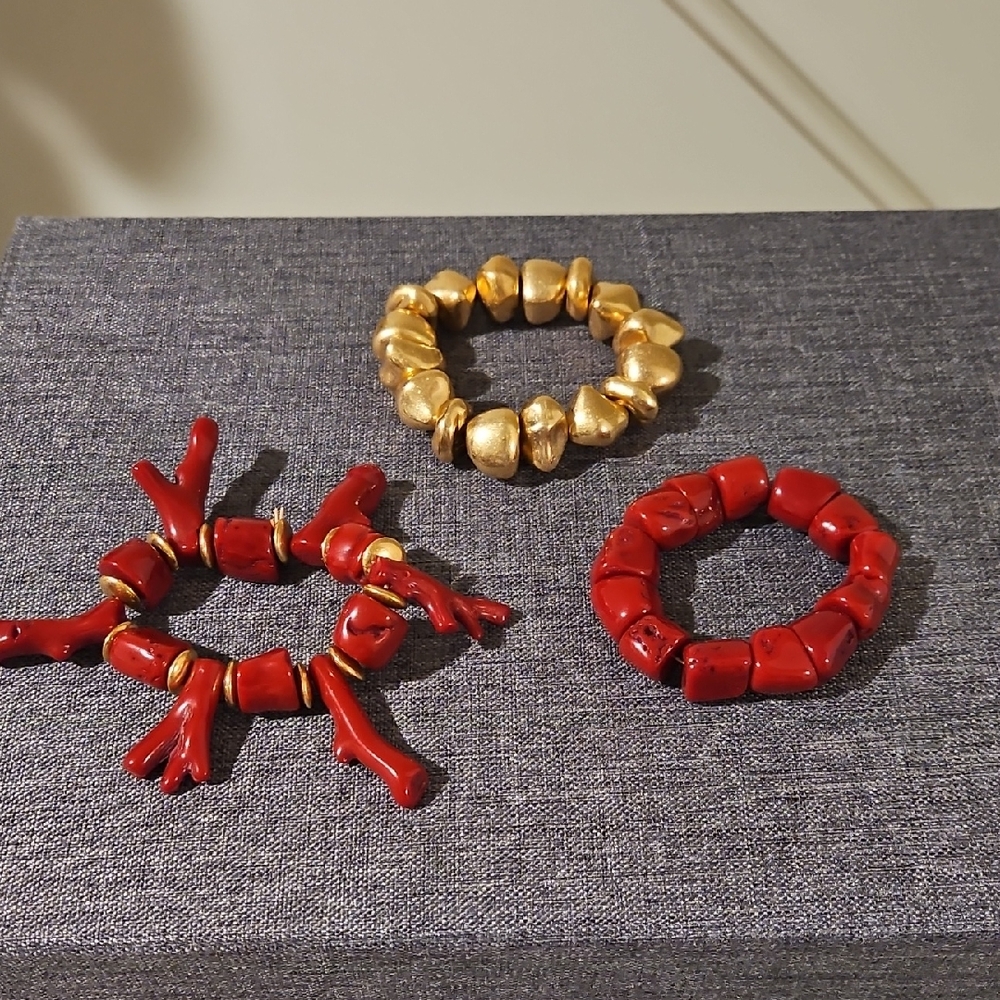 Gold and Red Beaded Stretch Bracelets - Set of 3